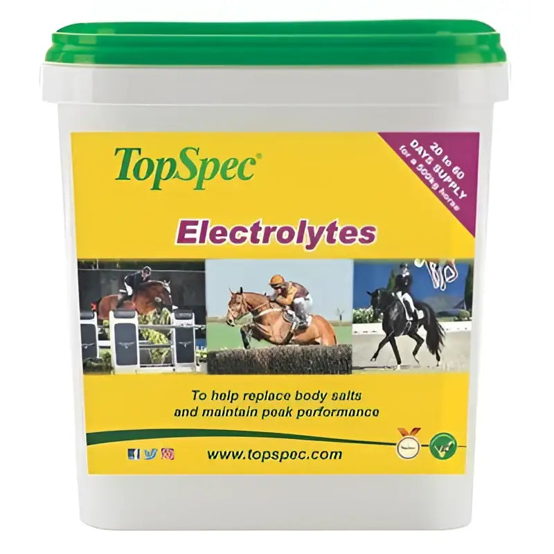 White plastic bucket with green lid and yellow label of topspec electrolytes horse supplement for heavy sweating support