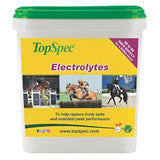 White plastic bucket with green lid and yellow label of topspec electrolytes horse supplement for heavy sweating support