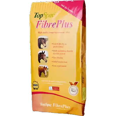 Yellow and pink bag of topspec fibreplus cubes horse feed showing the front label for easy identification