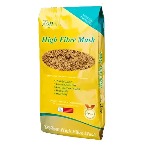 Yellow and teal bag of topspec high fibre mash pet food designed for high fibre nutrition and digestion support