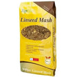 Yellow and brown bag of topspec linseed mash with a clear window showing dark textured highly palatable mash inside