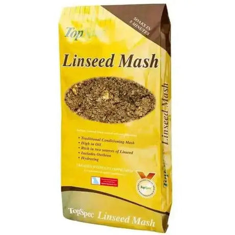 Yellow and brown bag of topspec linseed mash with clear window showing dark textured highly palatable mash inside