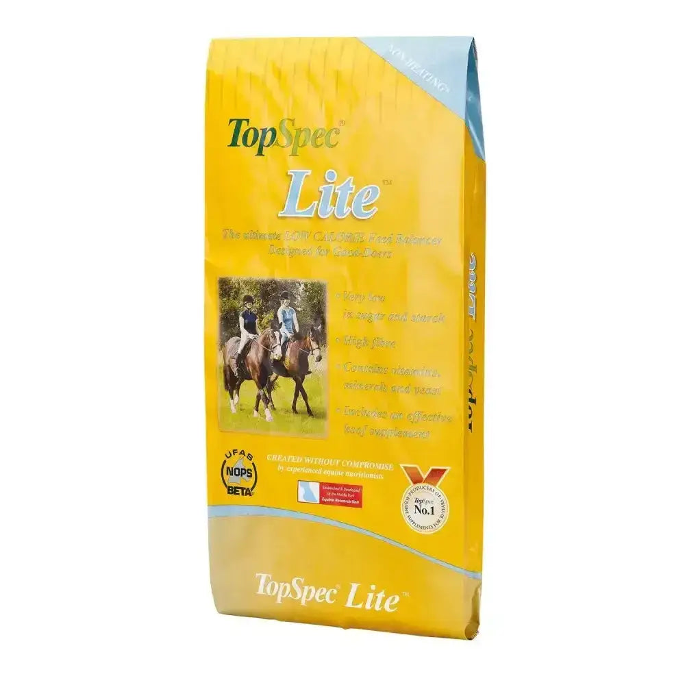 Yellow bag of topspec lite feed balancer with blue accent showing two people riding horses for calorie controlled diet