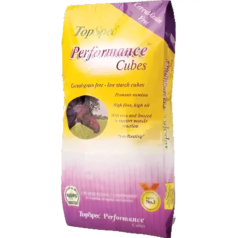 Yellow and purple bag of topspec performance cubes horse feed showing performance cubes provide balanced nutrition