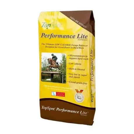 Yellow and brown bag of topspec performance lite lite feed balancer for horses designed for performance and health