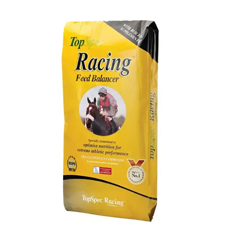 Yellow bag of topspec racing feed balancer with black accents for low starch diet in racehorses with jockey image