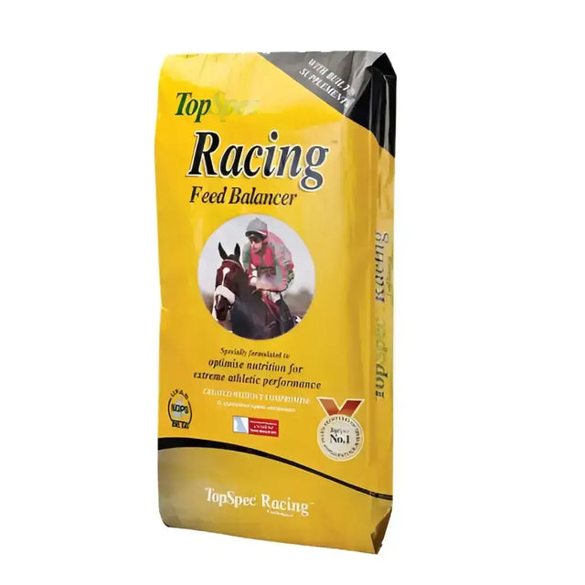 Yellow bag of topspec racing feed balancer with black accents for low starch diet in racehorses with jockey image
