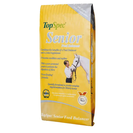 Yellow bag of topspec senior feed balancer designed for elderly horses to support their specific nutritional needs