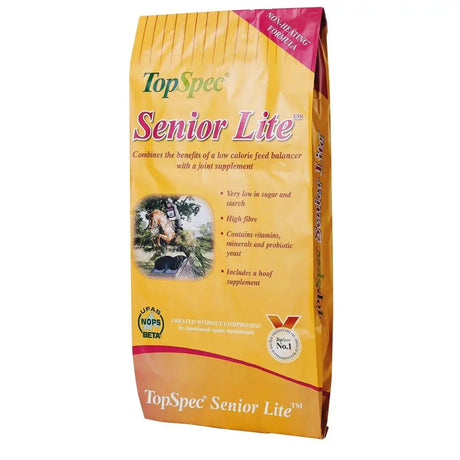 Yellow and pink bag of topspec senior lite lite feed balancer for elderly horses supplement feed