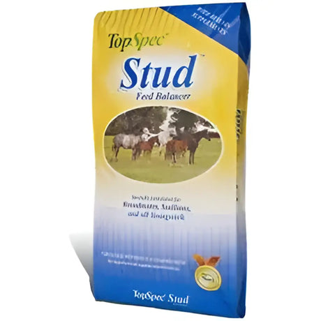 Yellow and blue bag of topspec stud feed balancer for horses designed for young stock nutrition and growth