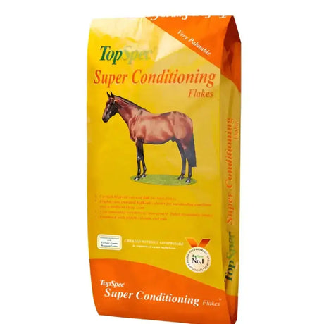 Yellow and orange bag of topspec super conditioning flakes horse feed with brown horse illustration and innovative muesli blend