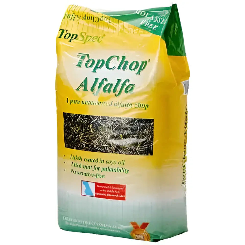 Yellow and green bag of topspec topchop alfalfa with pure unshredded british alfalfa lightly coated in soy oil