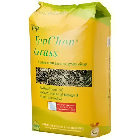 Yellow and green bag of topspec topchop grass with specially selected natural food for rabbits and topchop grass horse use