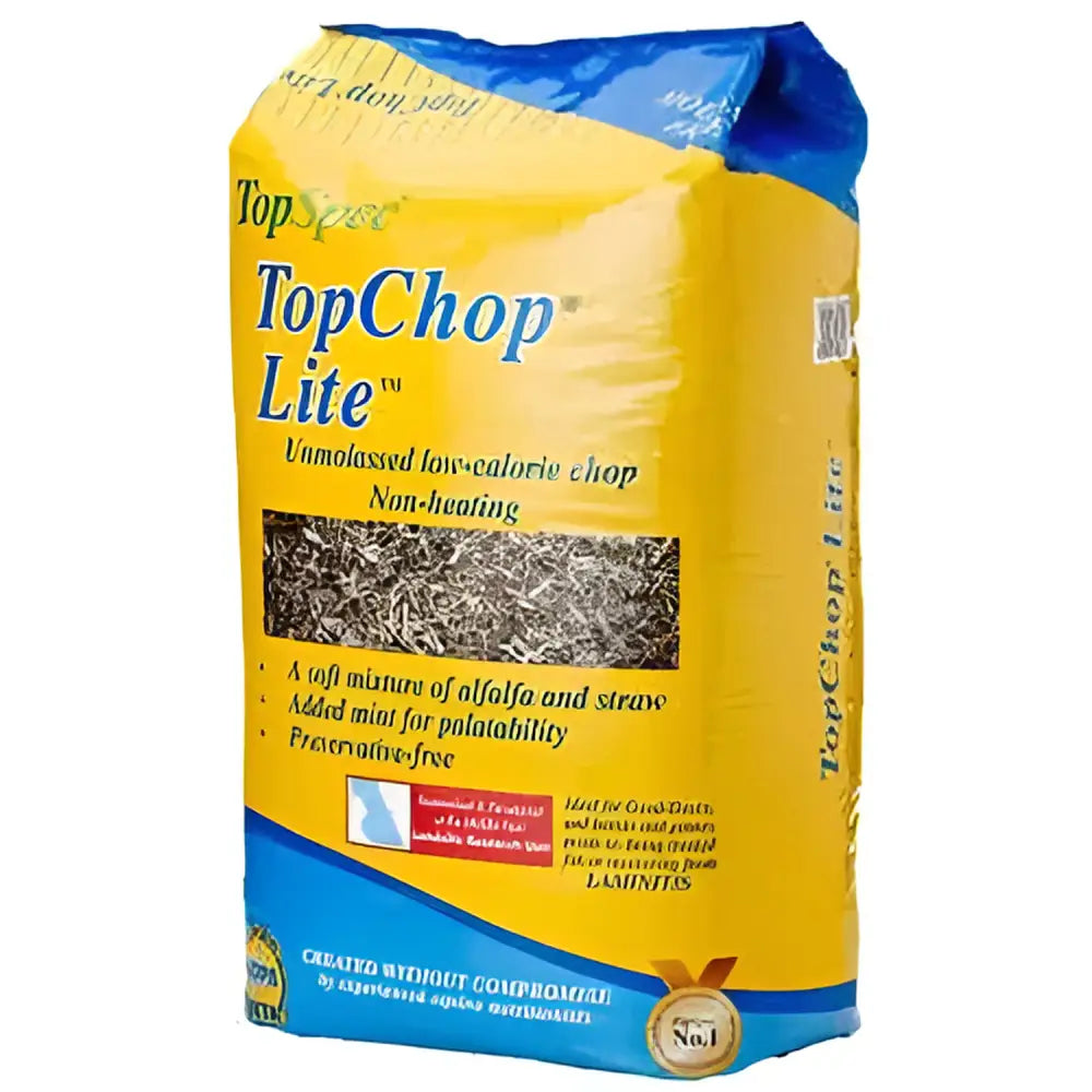 Yellow and blue bag of topspec topchop lite unmolassed low calorie chop for horses with real mint flavor
