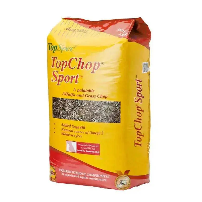 Yellow and red bag of topspec topchop sport alfalfa and british meadow grass chop for horses with high-temperature dried british alfalfa