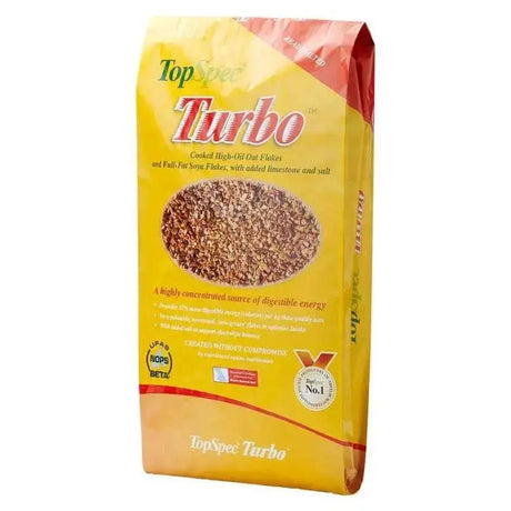 Yellow and red bag of topspec turbo flakes cooked high-oil oat flakes with limestone and salt for ultimate high performance