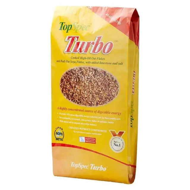 Yellow and red bag of topspec turbo flakes cooked high-oil oat flakes with limestone and salt for ultimate high performance
