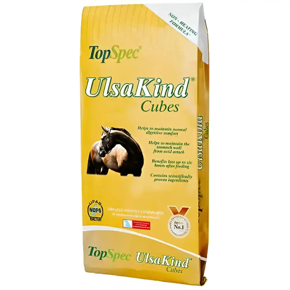 Yellow bag of topspec ulsakind cubes horse feed with high-starch feeds for correct limb development