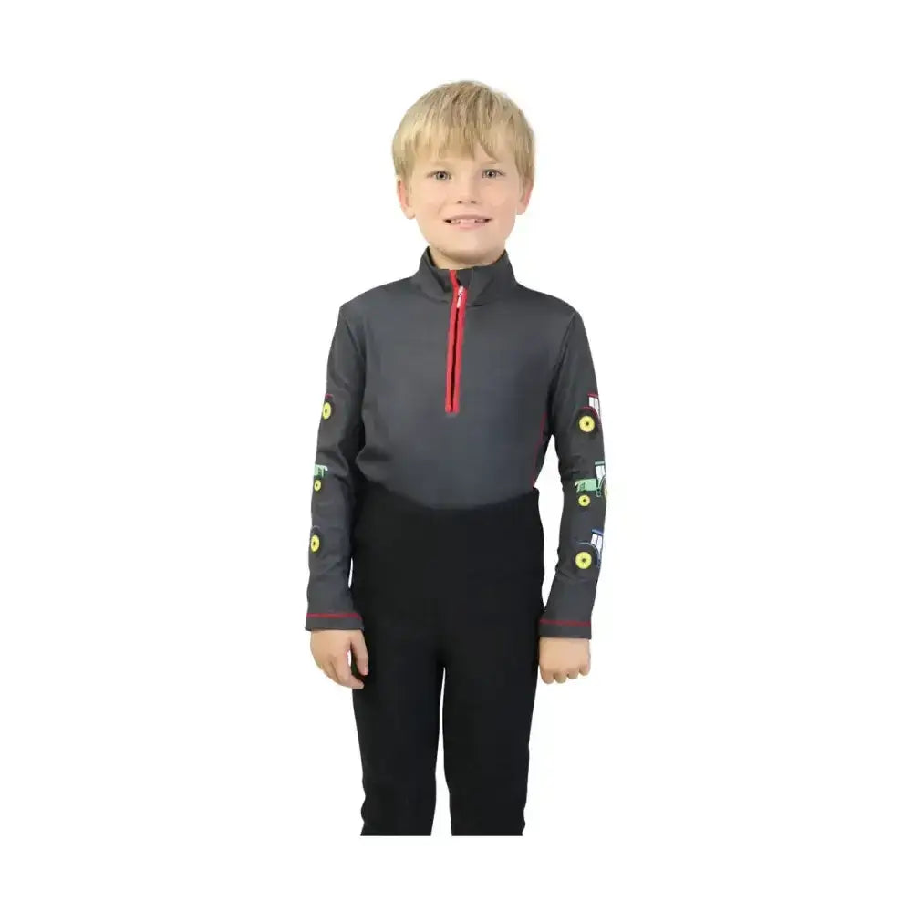 Charcoal grey base layer long sleeve top from tractor collection base with red zipper and tractor patches for child comfort