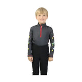 Charcoal grey base layer long sleeve top from tractor collection base with red zipper and tractor patches for child comfort