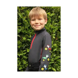 Black long-sleeved zip-up tractor collection base layer with colorful appliqués and red zipper for child comfort