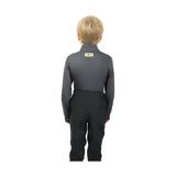 Back side of charcoal grey base layer jacket with small yellow label paired with black pants from tractor collection base by little knight