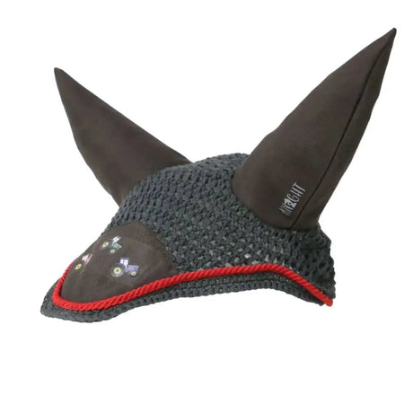 Tractor Collection Fly Veil by Little Knight Charcoal Grey/Red Pony/Cob HY Equestrian Horse Ear Bonnets Barnstaple Equestrian Supplies
