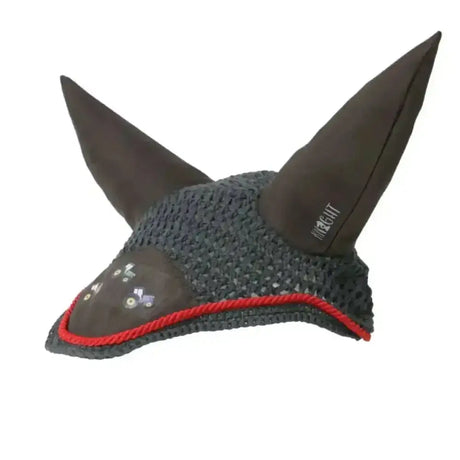 Dark gray knitted fly veil with red trim and two ear flaps from little knight tractor collection fly veil