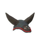 Dark gray knitted fly veil with black padded ears and red trim from little knights tractor collection fly veil