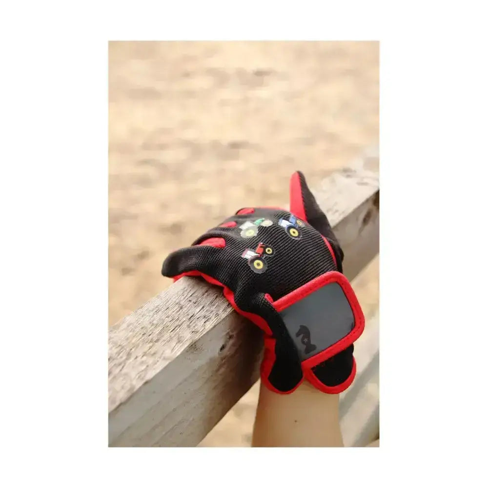 Black and red tractor collection gloves for kids with colorful tractor embroidery amara grip palms and reinforced rein fingers