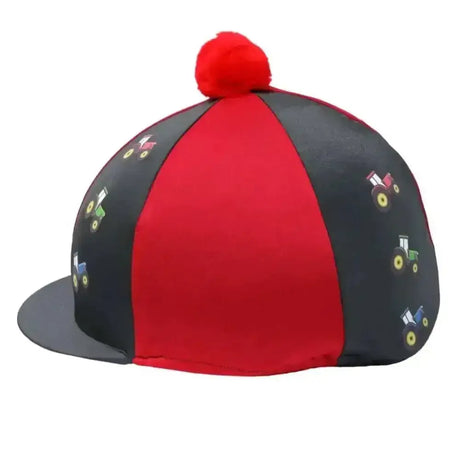 Red and black tractor collection hat cover with tractor prints and red pom-pom by little knight