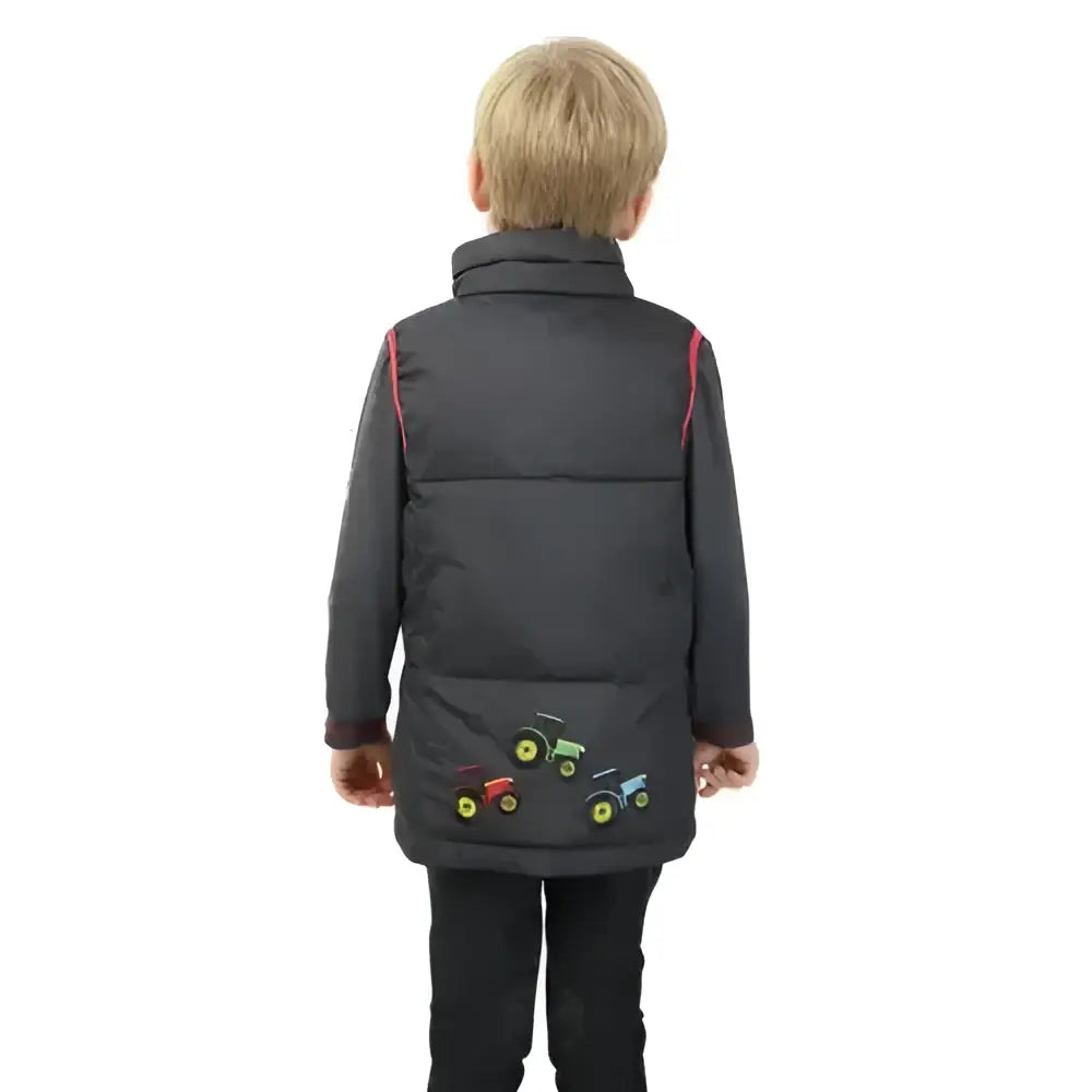 Black padded gilet from tractor collection with colorful tractor embroidery on back by little knight