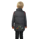 Black padded gilet from tractor collection with colorful tractor embroidery on back by little knight
