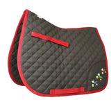 Dark gray diamond shape quilted tractor collection saddle pad with red trim and embroidered tractors by little knight