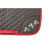 Dark gray diamond shape quilted tractor collection saddle pad with red trim and embroidered tractors by little knight