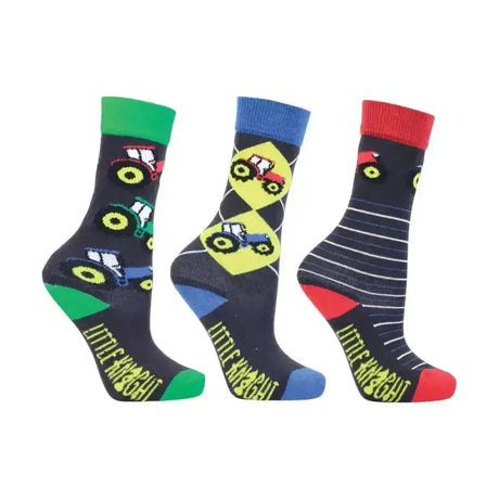 Set of three colourful tractor collection socks by little knight with bamboo moisture wicking in green blue and red