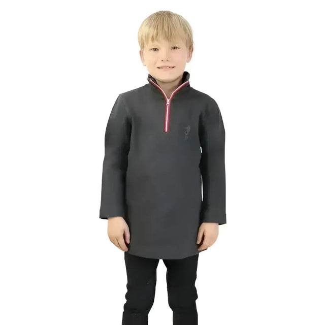 Dark gray long-sleeved tractor collection sweatshirt for child snug with pink zip bound and subtle chest logo by little knight