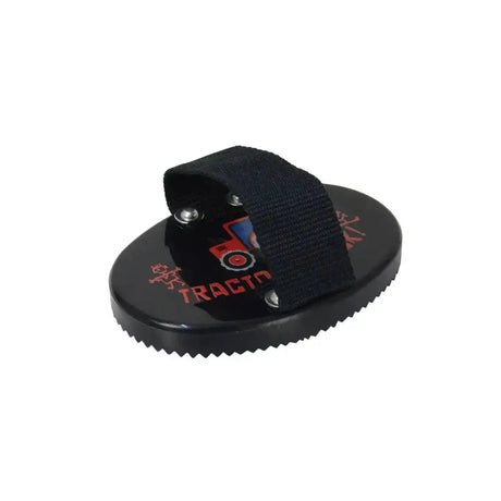 Black rubber curry comb with red tractor logo and strap by hy equestrian from tractors rock collection