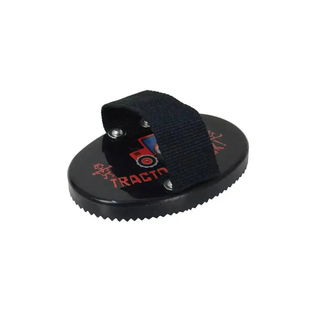 Black rubber curry comb with red tractor logo and strap by hy equestrian from tractors rock collection