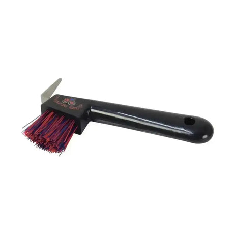 Black-handled tractors rock hoof pick by hy equestrian with red purple bristles and stainless steel scraper attachment