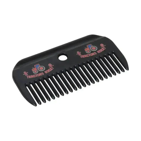 Black plastic mane comb with colorful tractor print and tractors rock logo for equestrian plastic mane care