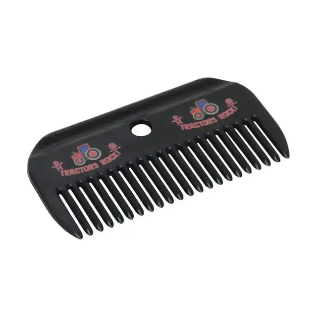 Black plastic mane comb with colorful tractor print and tractors rock logo for equestrian plastic mane care