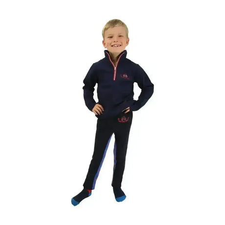 Navy blue fleece tractors rock sweatshirt hy equestrian with red white zipper and purple stripes for chilly evenings