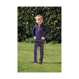 Navy blue fleece tractors rock sweatshirt with red logo and dark gray pants with colorful stripe for chilly evenings