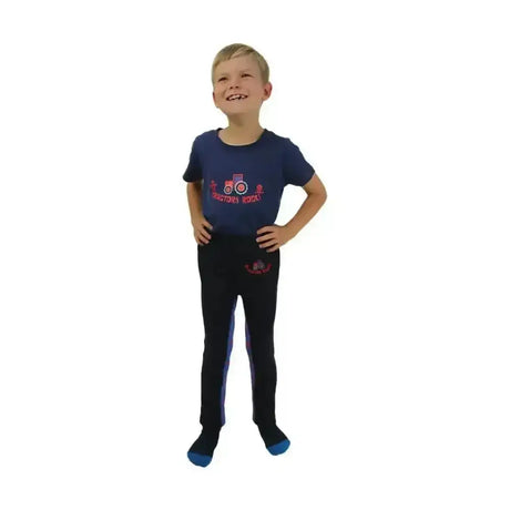 Blue short-sleeved tractors rock t-shirt hy equestrian with red tractor print paired with black pants with blue stripes