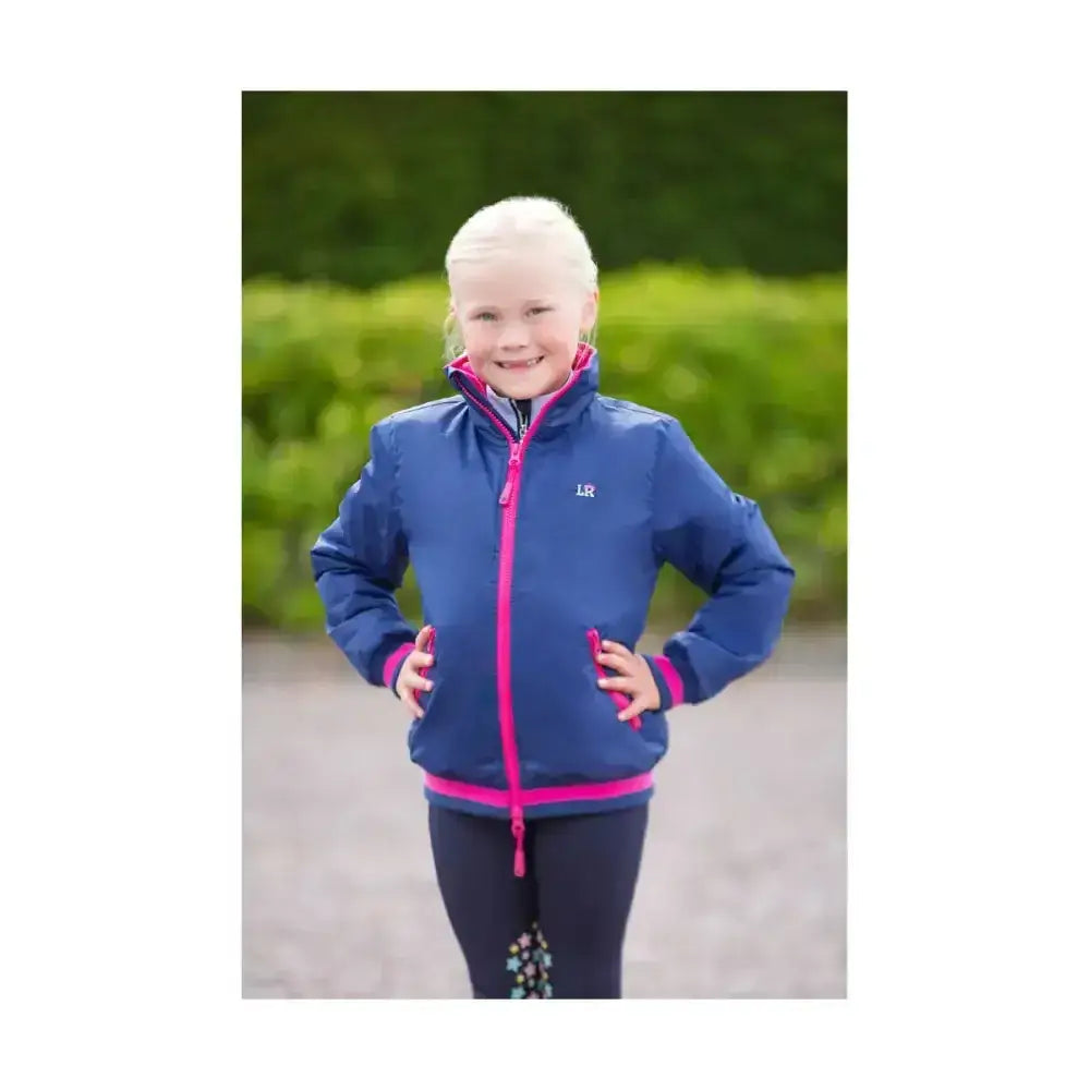 Blue and pink tracy blouson padded jacket with feather free filling and small chest logo by little rider