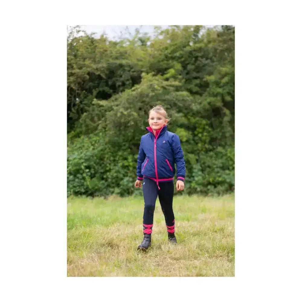 Navy blue and pink tracy blouson padded blouson jacket with quilted design and feather free filling by little rider