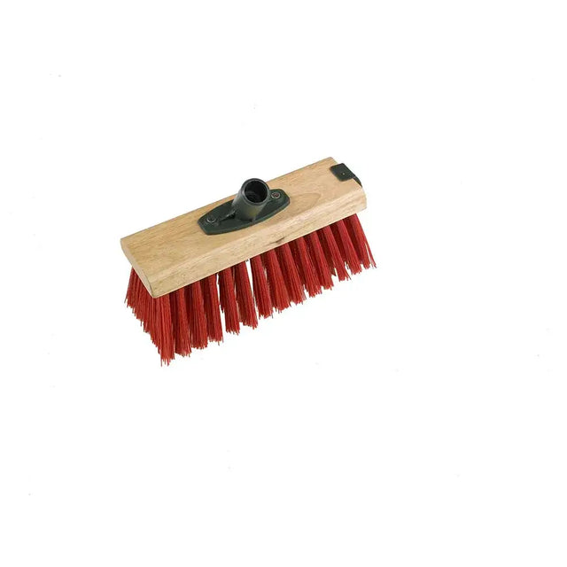 Trade stiff yard broom head with red bristles medium stiff 254mm and light wood handle with black plastic bracket