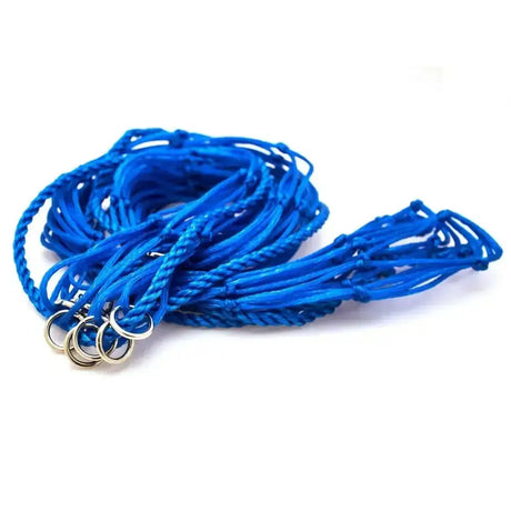 Bright blue braided rope with silver rings for traditional large hole haynet 38 inch classic yard favourite with large 5’ holes