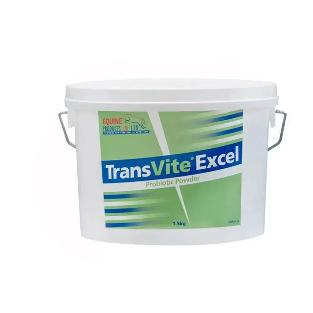White plastic bucket of transvite excel probiotic powder with green and blue label featuring saccharomyces cerevisiae organisms